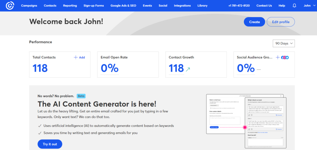 Constant Contact dashboard